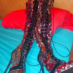 Lace up front thigh high sequined boots size 6 u